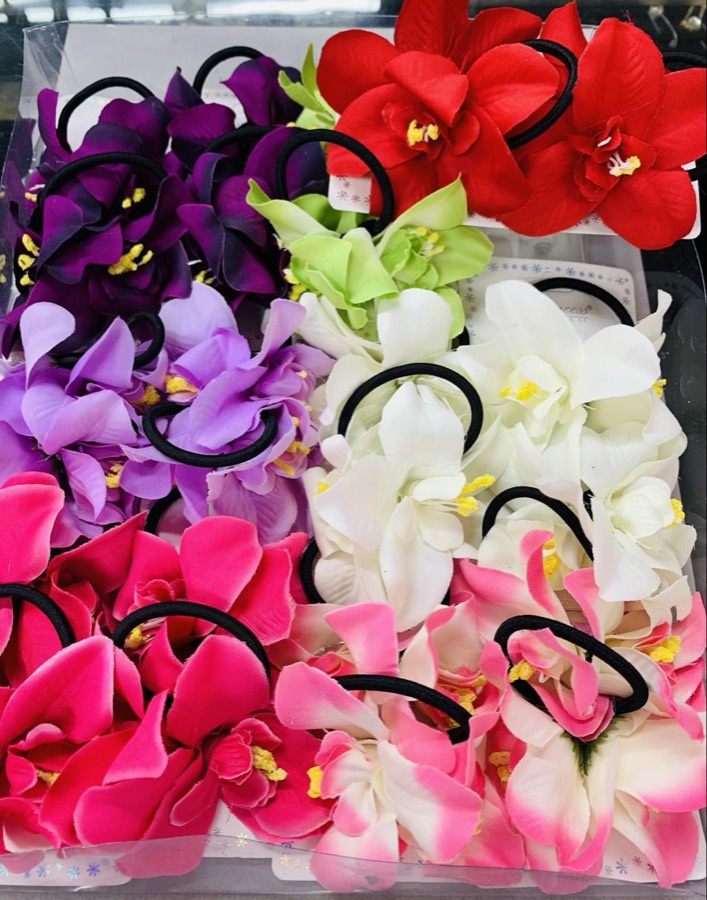 Tropical flower hair ties in red, purple, white and pink